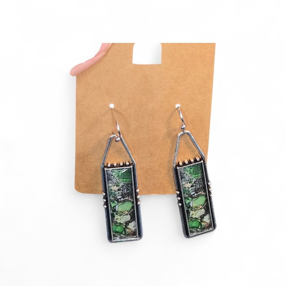 Unlisted Silver And Green Rectangular Earrings - image 1